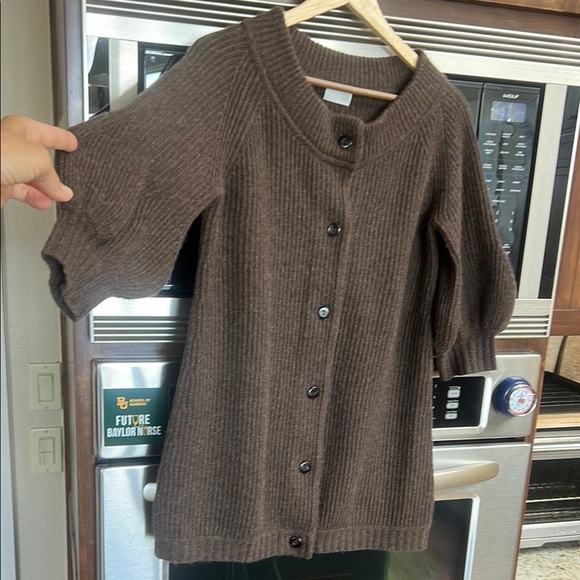 TSE RIBBED MID-SLEEVE 100% CASHMERE BALLOON SLEEVE ROUND COLLAR BUTTON SWEATER